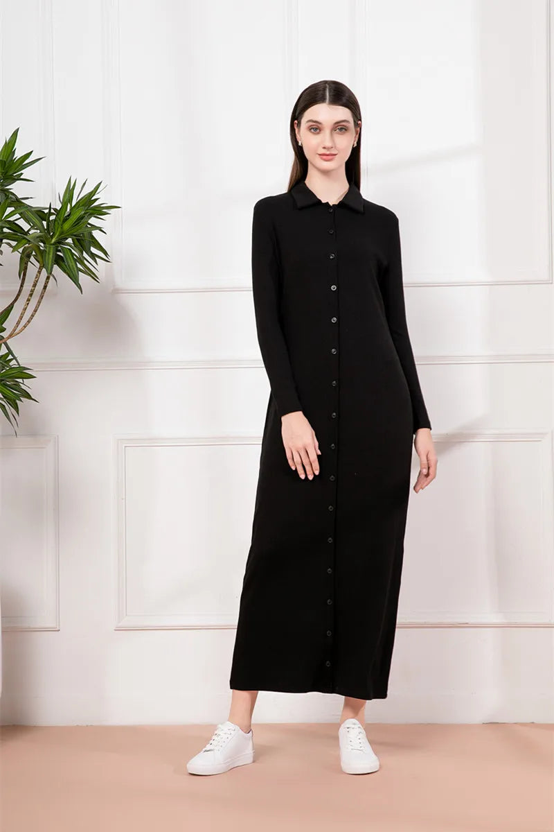 2024 maxi dress button design woman clothes full sleeve Ankle Length comfortable ribbing clothing  ( Ship out in 1 day)