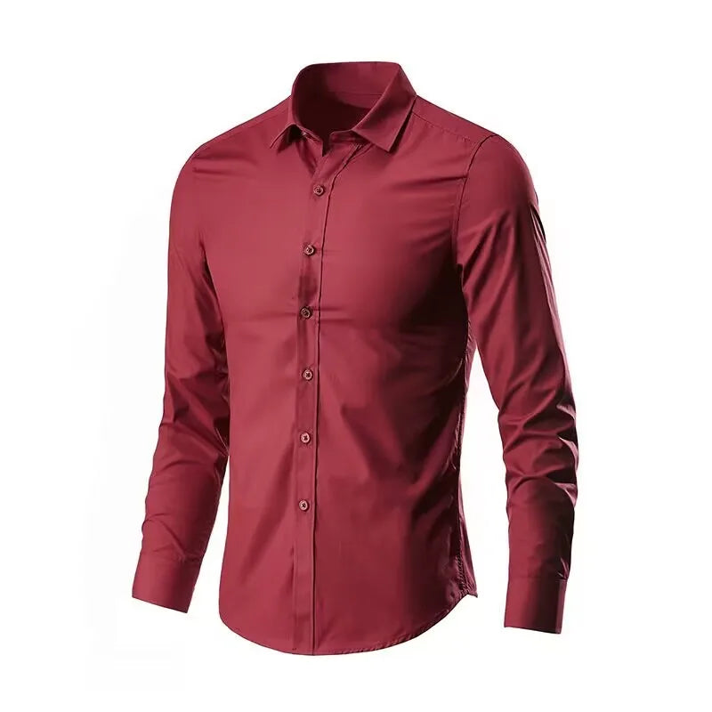 Men's Dress Shirt Elastic Spring Autumn Long Sleeve Anti-wrinkle Free ironing Business Without Pocket Soft Fashion Smooth Slim