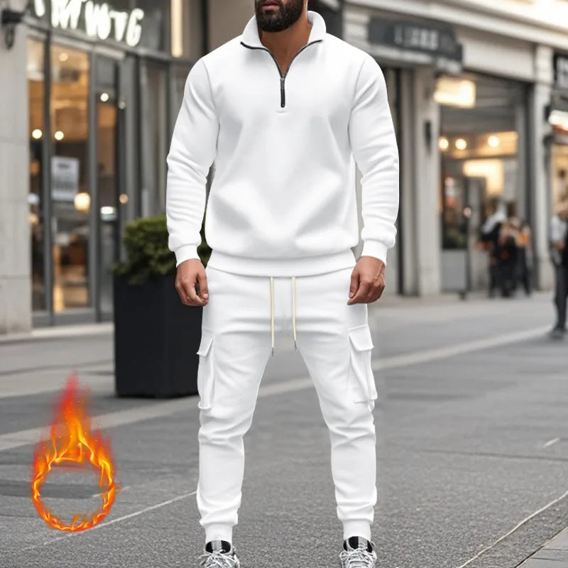 2024 autumn and winter men's casual velvet warm zipper sports trousers set