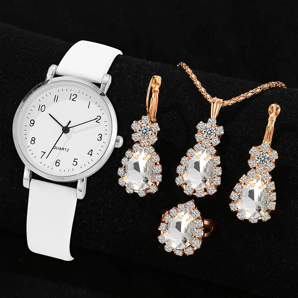 7pcs Women's Watch Fashion Casual Round Pointer Quartz Watch and Necklace Bracelet Ring Earring Set