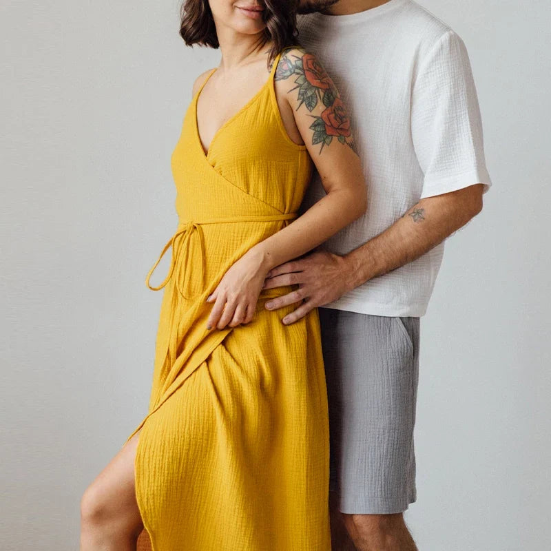 Vintage Women's Dress 100% Cotton Crepe Gauze V-Neck Sleeveless Bandage Long Maxi Elegant Dresses For Women