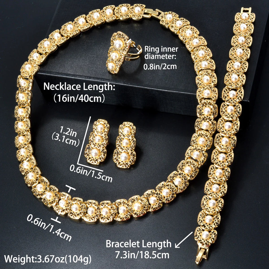 Dubai Luxury Quality Jewelry Set For Women Trend Pearl Necklace Bracelet Ring Earrings Jewelry Set 18k Gold Plated Jewelry