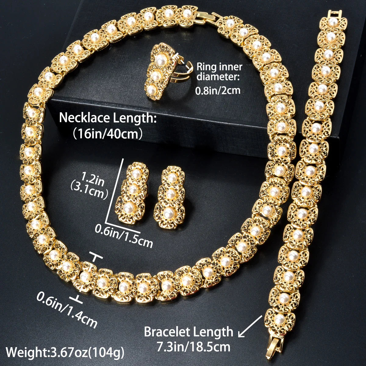 Dubai Luxury Quality Jewelry Set For Women Trend Pearl Necklace Bracelet Ring Earrings Jewelry Set 18k Gold Plated Jewelry