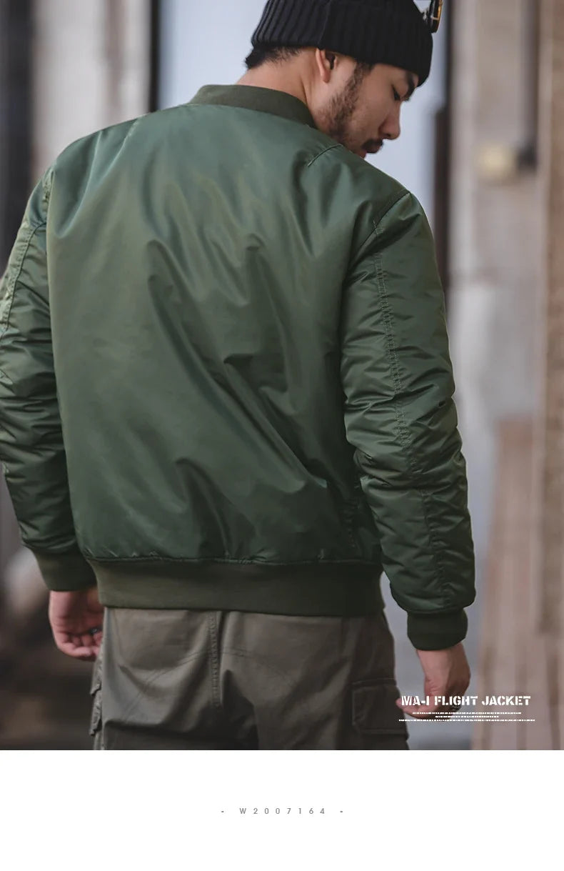 Vintage MA1 Pilot Jacket Green Thickened Cotton-padded Jacket Casual Baseball Pockets Flight Zipper Outwear for Men's Fall