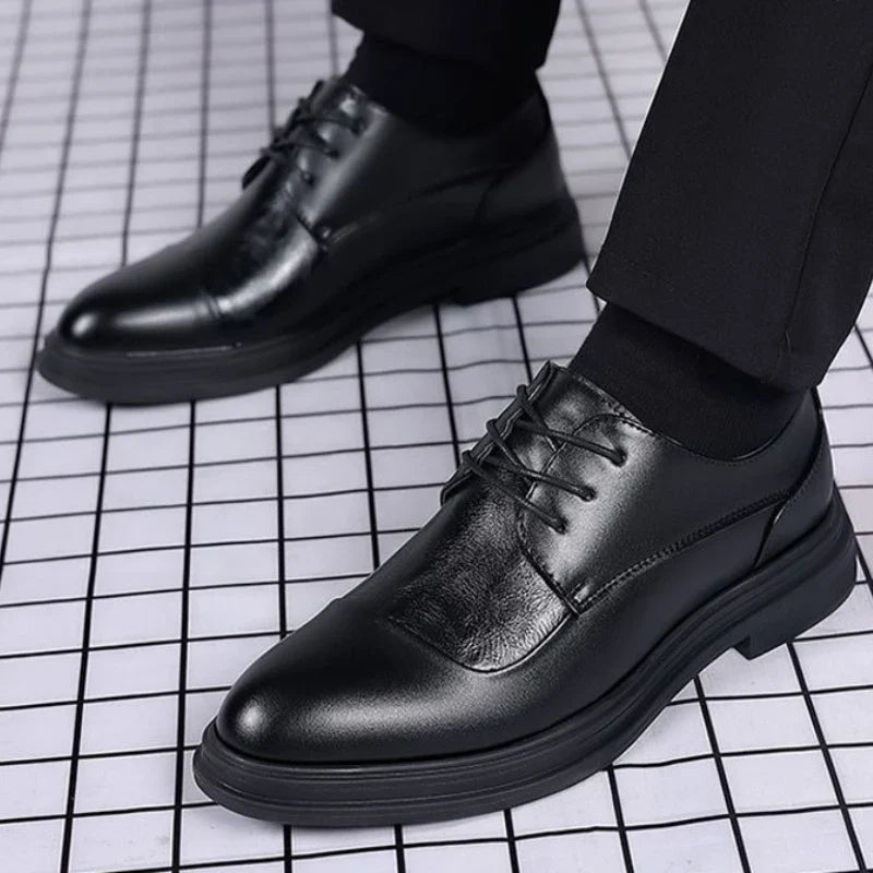 Men's Genuine Leather Oxfords Pointed Toe Lace Up Dress Shoes British Style Business Wedding Casual Footwear for Spring Autumn