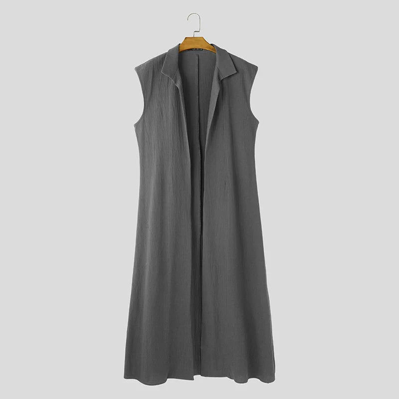 INCERUN Men Long Style Shirts Solid Stand Collar Sleeveless Casual Male Cardigan Streetwear 2025 Fashion Open Stitch Outerwear