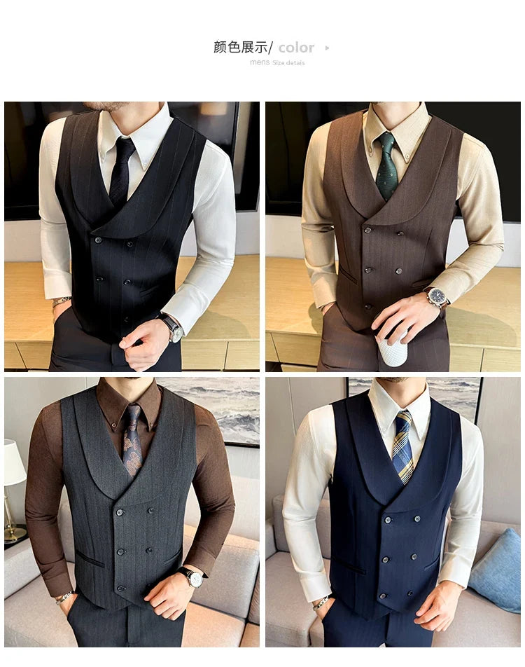 ( Vest+Pants) Autumn Winter Thicken Wool Striped Suit Vest 2 pieces Men Fashion Slim Fit Business Casual Wedding Dress Vest Sets