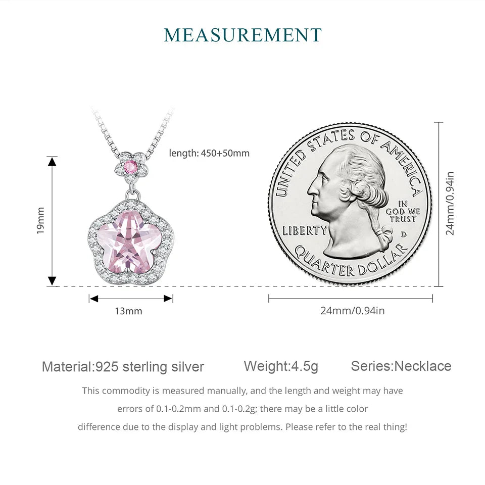 925 Sterling Silver Pink Flower Pendant Necklace Little Star Neck Chain Pave Setting CZ for Women Valentine's Day Gift