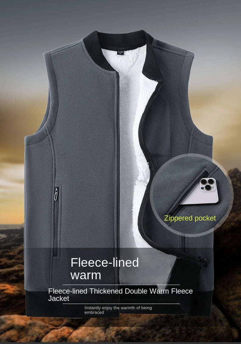 Men Winter Vest Sleeveless Stand Collar Solid Color Fleece Thick Keep Warm Plus Size Neck Protection Winter Waistcoat for Daily