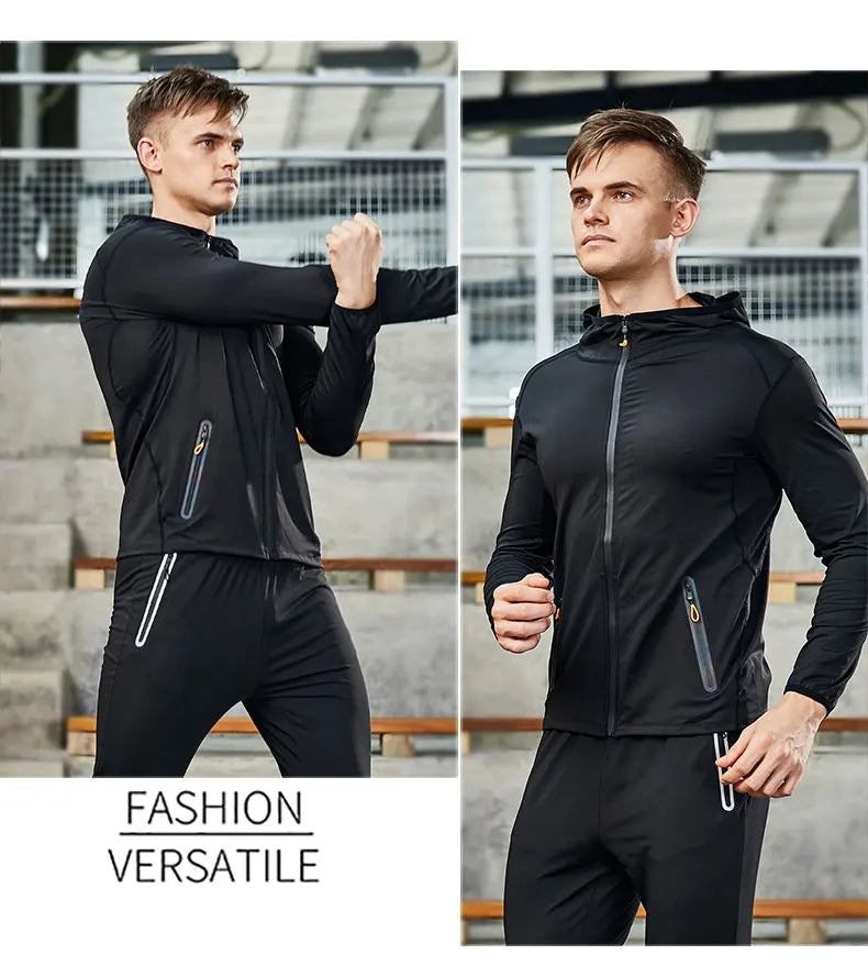 Running Jacket Hooded Jogging Tight Sportswear Quick Dry Men Reflective Training Set Gym Clothes Fitness Compression Sport Suit