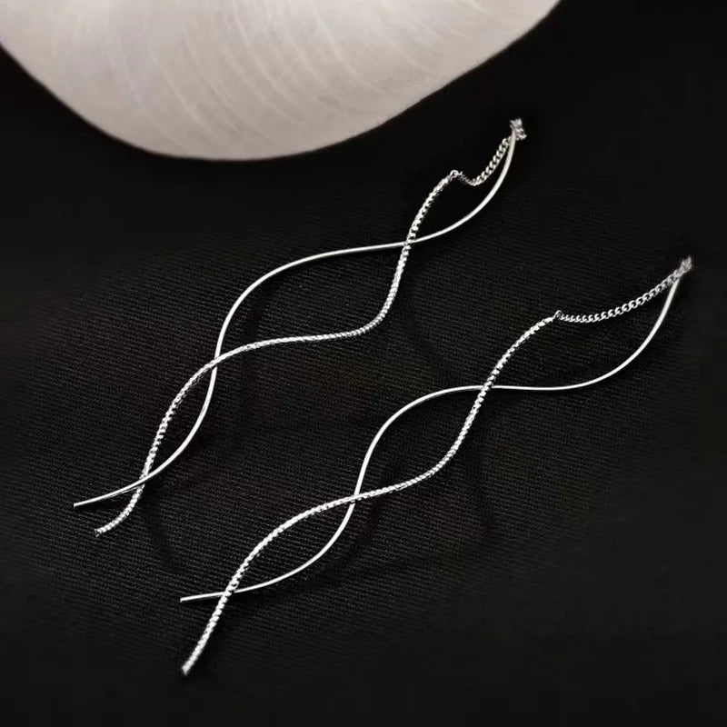 Trendy Charm 925 Sterling Silver Long Wavy Line Tassel Dangle Earrings for Woman Geometry Designer Jewelry Accessories Colorfast