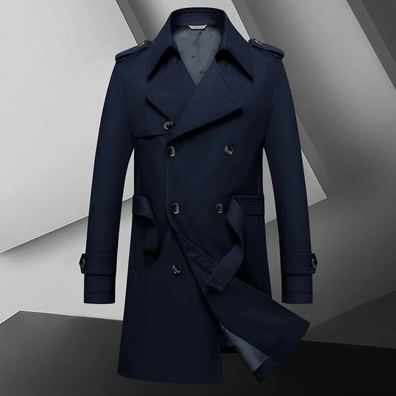 2024 Autumn New Men's Medium to Long Fashion Windbreaker Coat High Quality Double breasted British style Coat Series Belt Coat