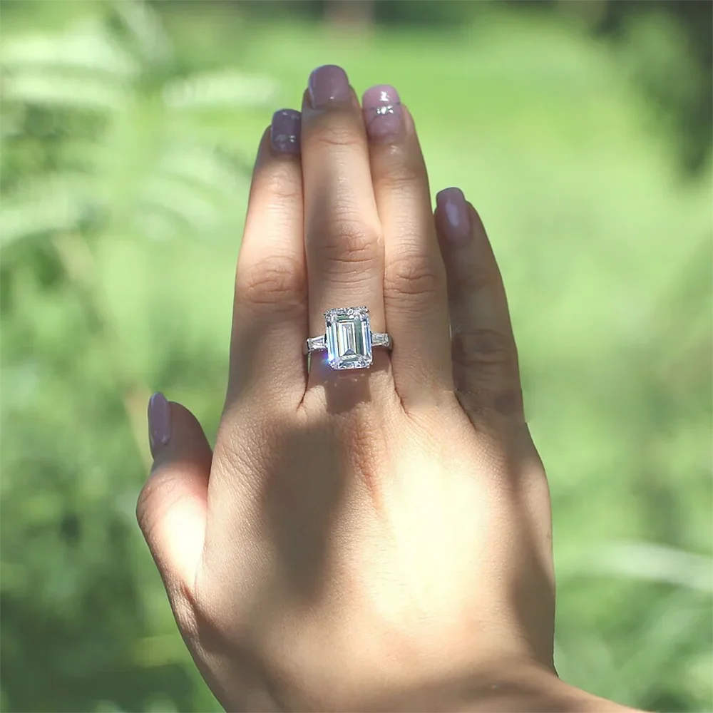 1/2/3/4Carat Radiant Cut Full Moissanite Engagement Ring with Tapered Baguette Shape Diamond S925 Silver Wedding Rings for Women