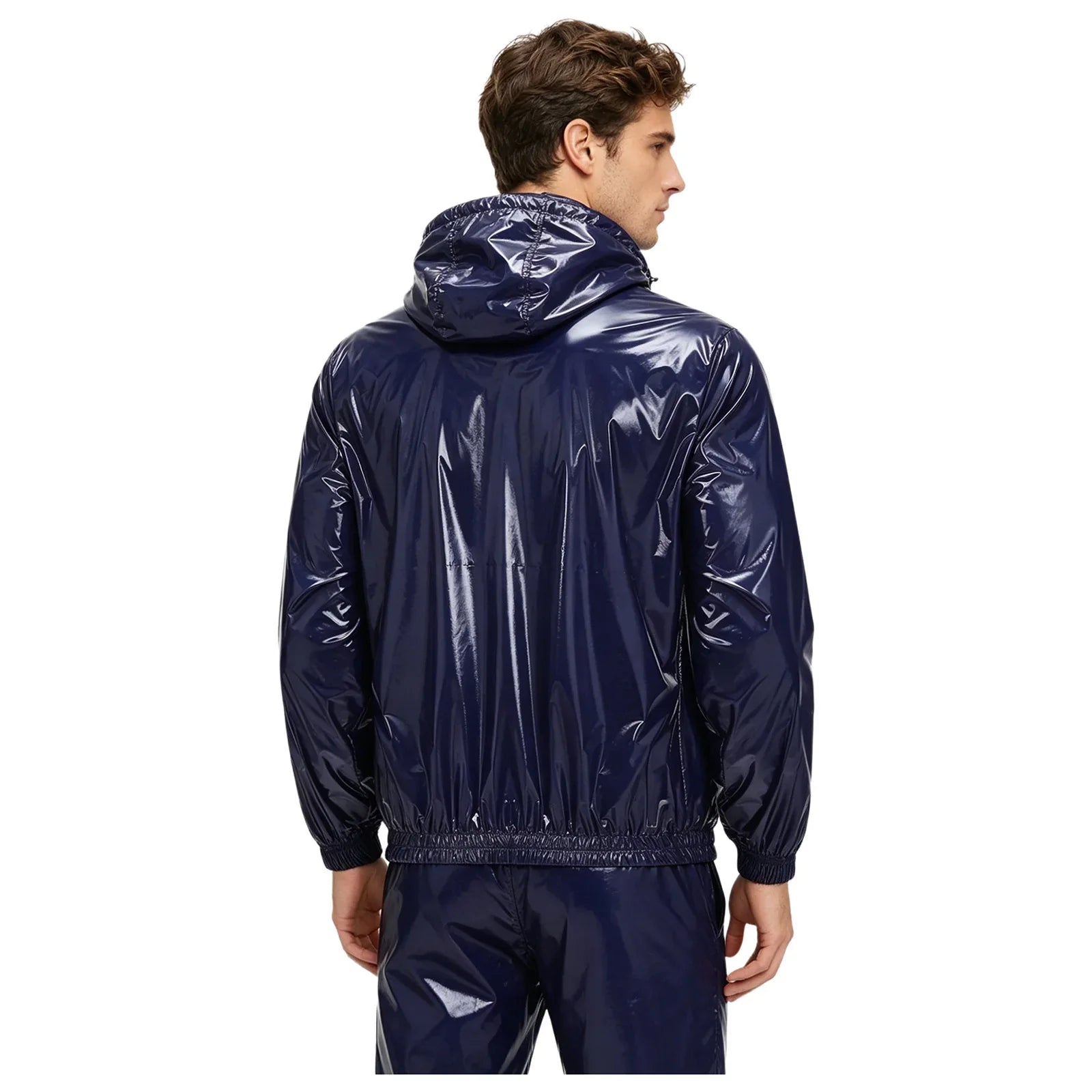 Mens Waterproof Hooded Raincoat Long Sleeve Front Zipper Rain Jacket Windbreaker with Drawstring Hood for Hiking Fishing Biking