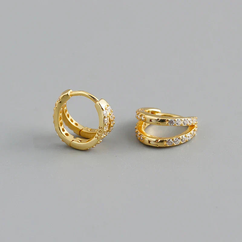925 Sterling Silver Fashion Luxury Shiny Double Layer Zircon Huggies Hoop Earrings for Women Plated 18k Gold Fine Jewelry