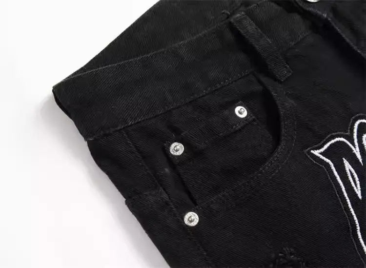 Punk Style Men's Slim Fit Straight Leg Denim Jeans Black Hole Patch Embroidery No Stretch Fashion Urban Casual Cotton Polyest...