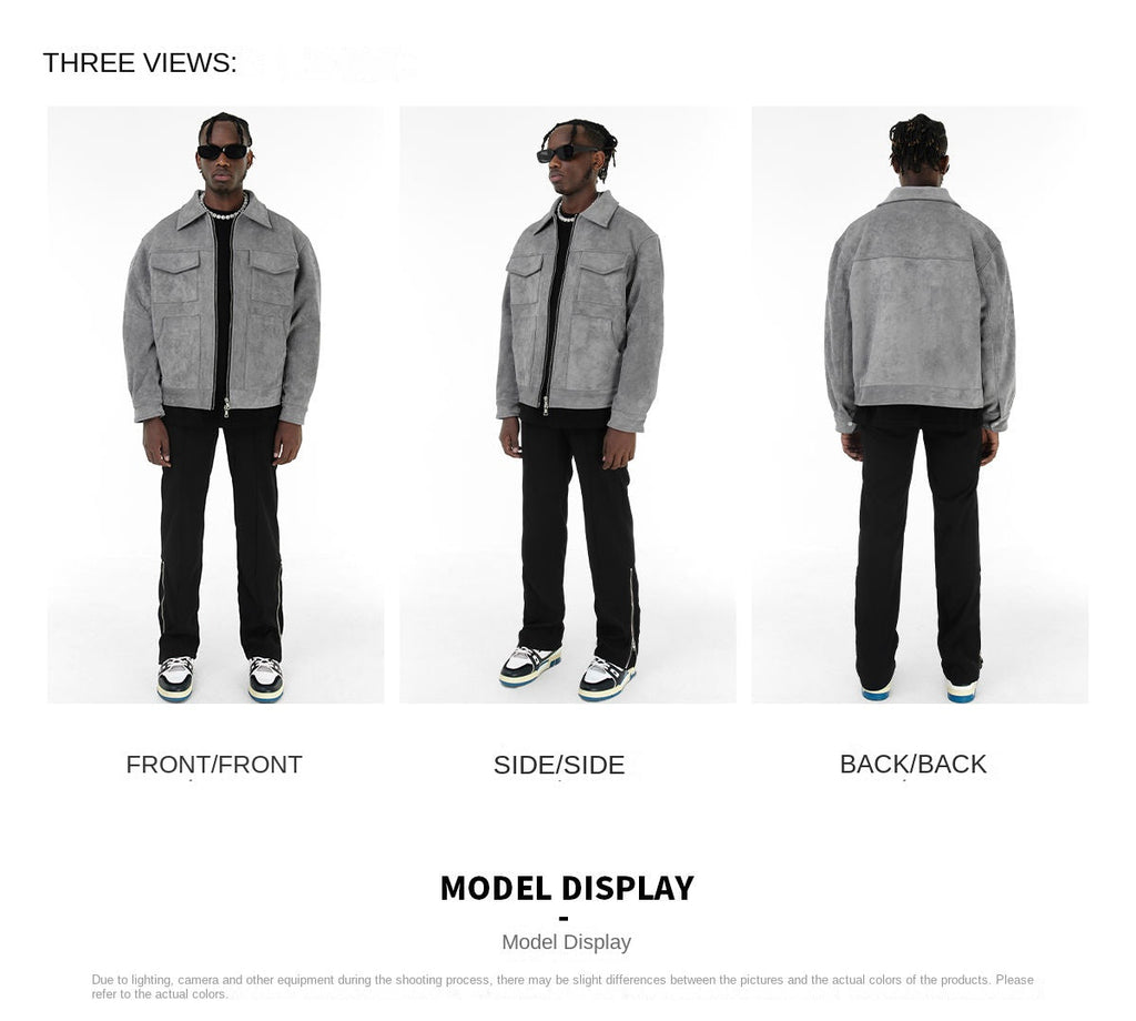 Autumn Jackets Oversize Casual Clothes High Street Pockets Laper Zipper Suede Thick Coat Mens Windbreaker Loose