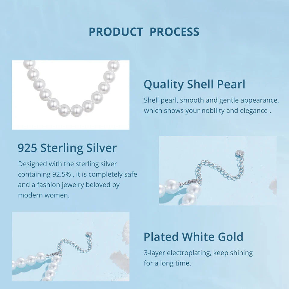 White Pearl Necklace for Women, 925 Silver Adjustable Clasp Chain Faux Pearl Beaded Necklace Bridal Wedding Jewelry