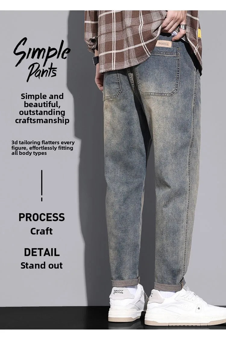 Retro American Style Men's Jeans Loose Fit Heavy Casual Slim Leg Cotton Pants Elastic Waist Korean Denim Jeans for Spring Autumn