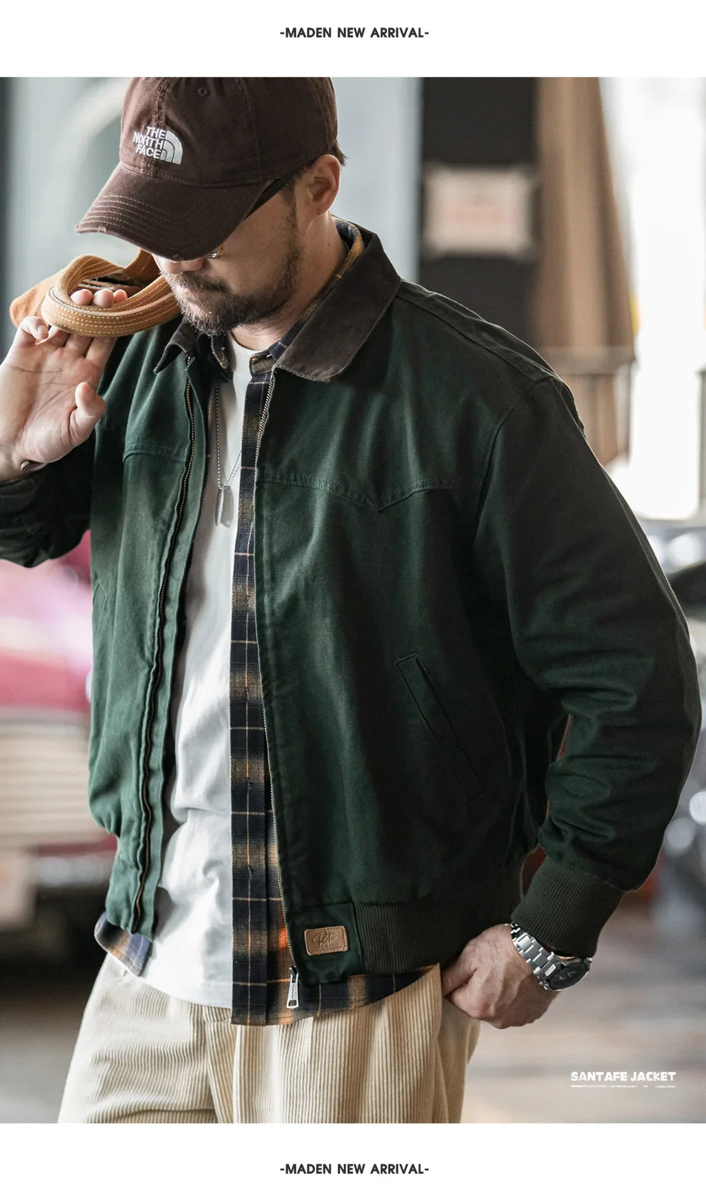 Retro Heavyweight Santafe Canvas Jackets Cotton Corduroy Lapel Ribbed Hem Cuffs Short Jacket for Men's Autumn Overcoat