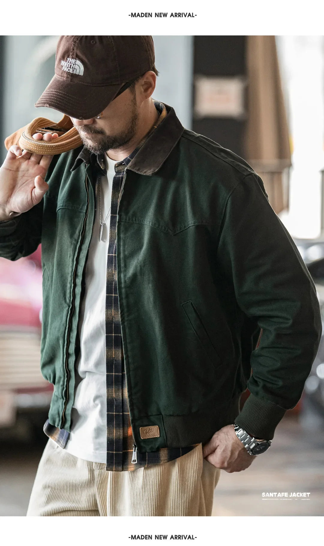 Retro Heavyweight Santafe Canvas Jackets Cotton Corduroy Lapel Ribbed Hem Cuffs Short Jacket for Men's Autumn Overcoat