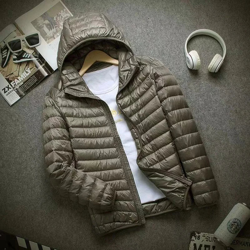 0-10℃ Men's Winter Jacket Ultra Light Duck Down Jackets Portable Hooded Puffer Feather Thin Parkas Windproof Outerwear Coat 5XL