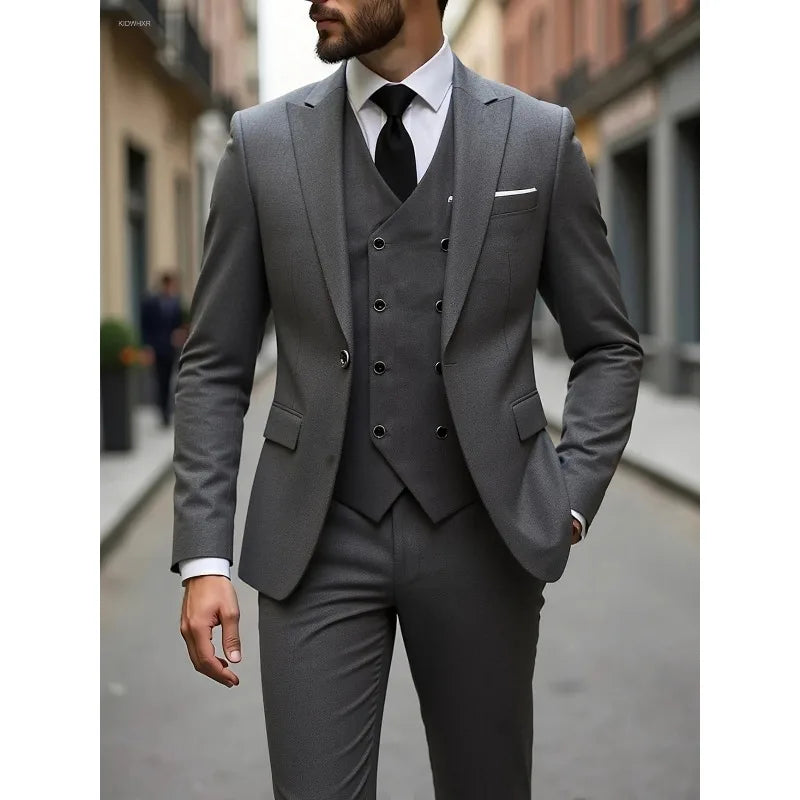 ManSuitOutfit Thin Simple Solid Color Single-breasted Male Suits British Style Long Sleeve Pocket MenSet wedding suits for men