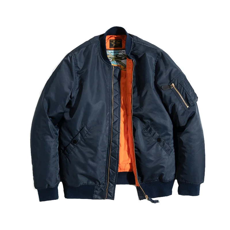 Vintage MA1 Pilot Jacket Green Thickened Cotton-padded Jacket Casual Baseball Pockets Flight Zipper Outwear for Men's Fall
