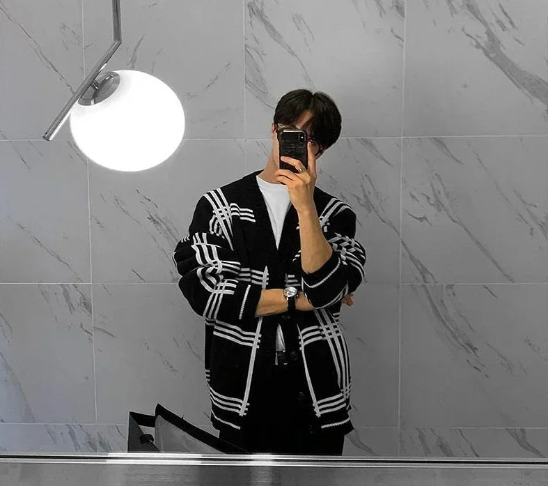 Men's Clothing Cardigan Jacket V Neck Coat Knit Sweater Male Plaid Elegant Casual Long Sleeve 100% Korean 2025 Autumn Classic A