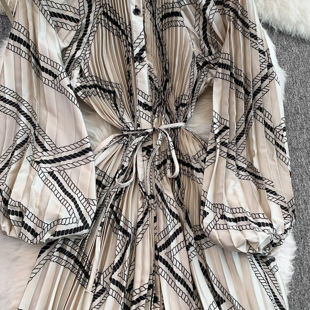 Printed round Ne Lantern Sve Dr Women's Single Button Waist Cinch Maxi Skirt Long Dr Commute Sle Autumn