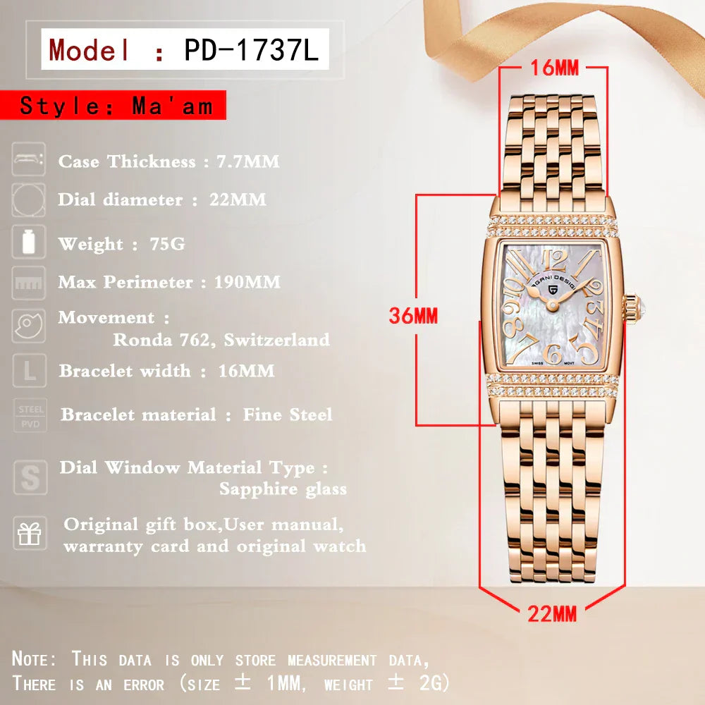 New 22mm Square Women's Quartz Watch Stainless Steel Sapphire Glass 50m Waterproof Women's Quartz Watch