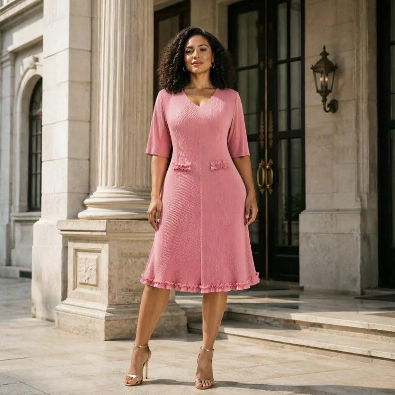 Miyake Pleated Dresses 2026 New Elegant V-Neck Fashion Plus Size Elastic European Women's Elegant Ball Gown Knee-Length Dress