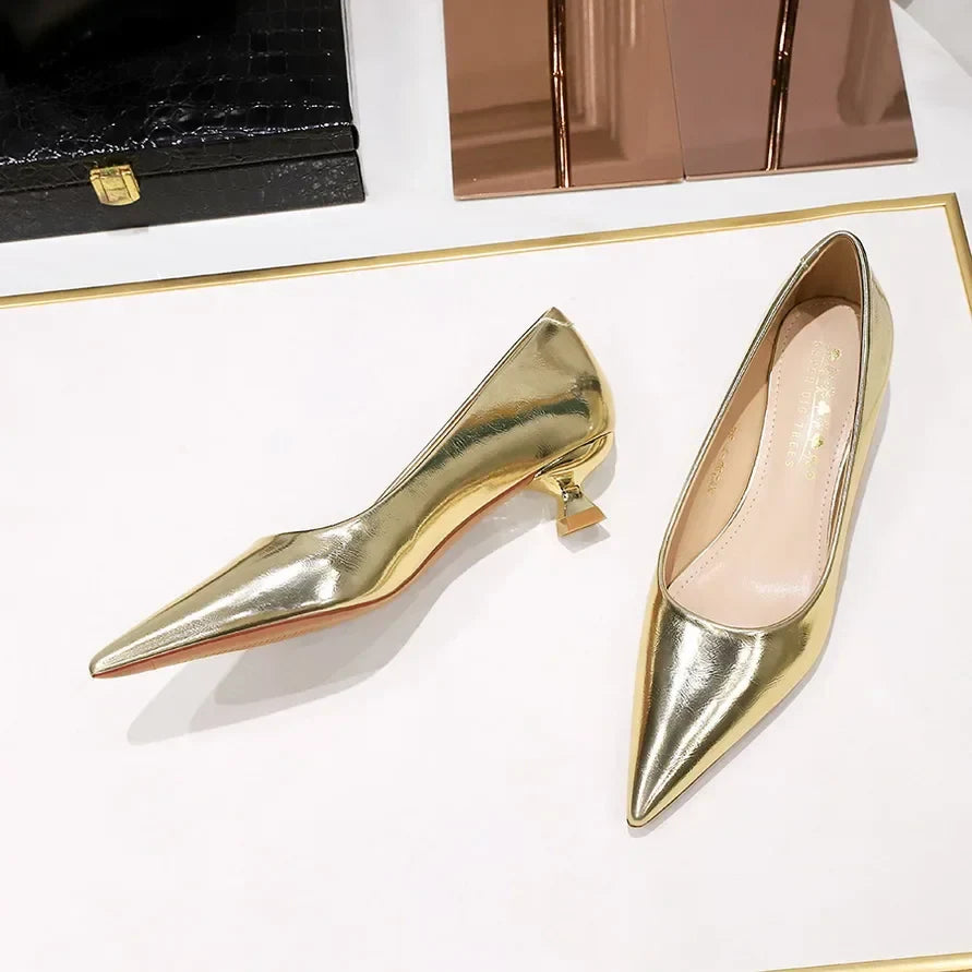 Women Comfortable 3.5cm High Heels Shallow Pointed Toe Work Pumps Lady Glossy Leather Low Heels 2024 Luxury Brand Designer Shoes