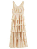 2026 Summer French-Inspired Floral Ruffle Hem Sleeveless V-Neck Tiered Maxi Dress - Romantic for Vacation and Daily Wear