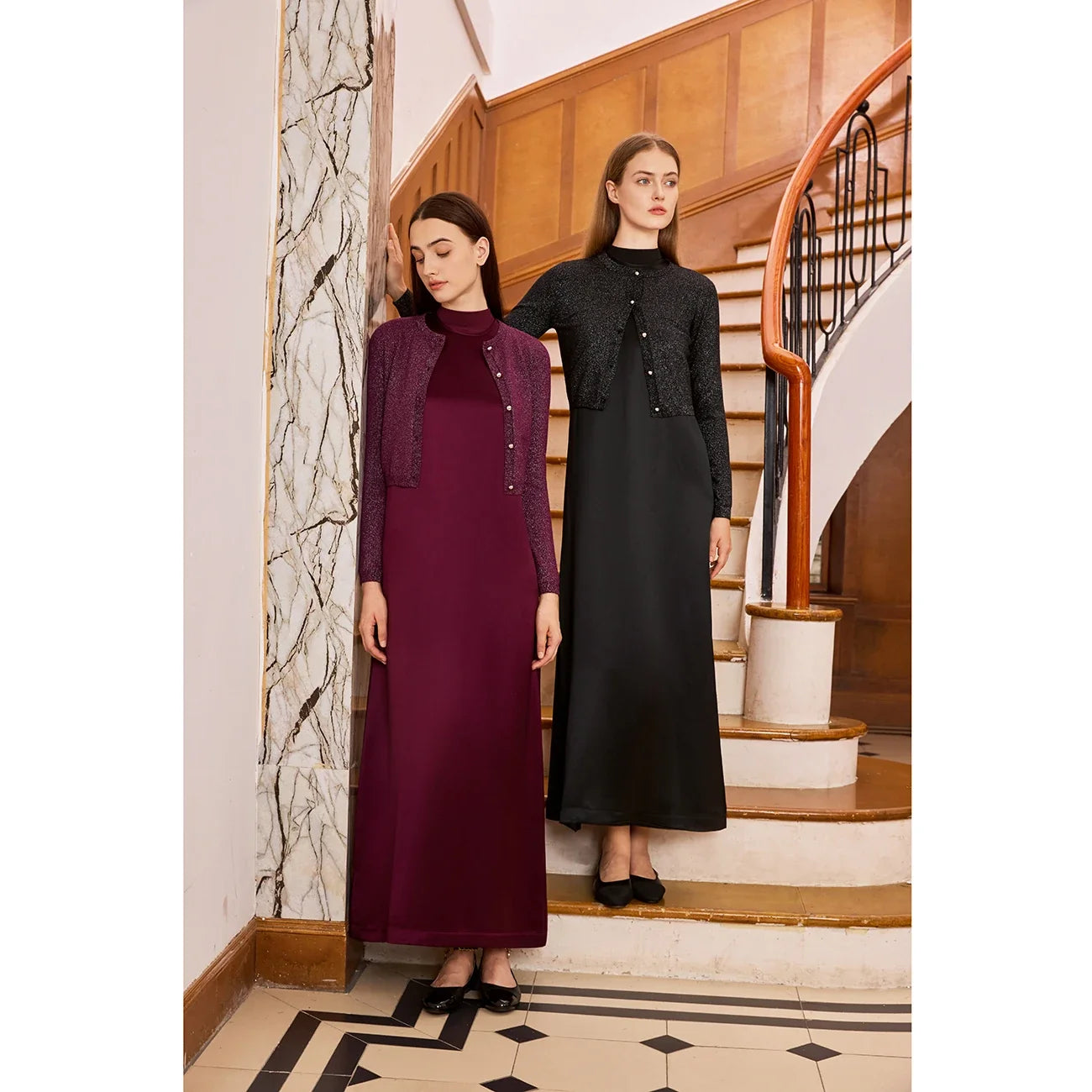 Women 2026 Autumn and Winter Modal Shirt and O Neck Acetate Satin Maxi Dress Lurex Cardigan High Quality Lady Clothing