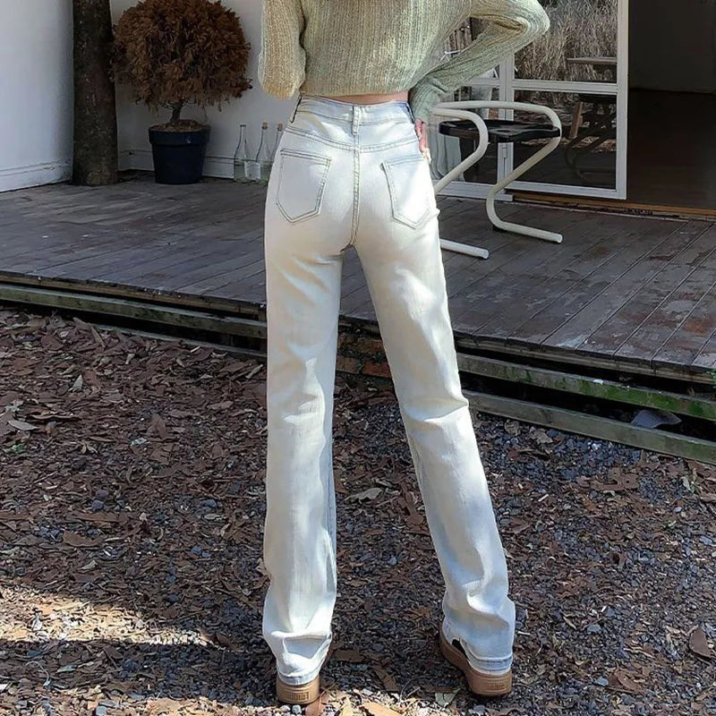Women Korean Thin Straight Leg Jeans Pants