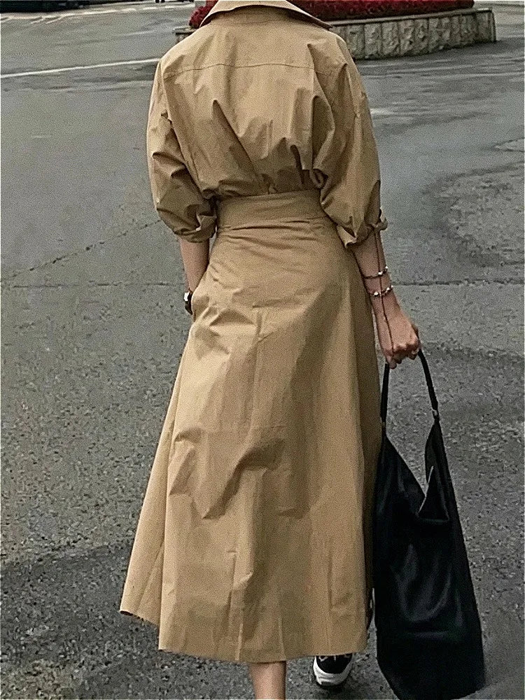 Women Casual Long Shirts Dresses 2025 Summer Spring Clothes Khaki Puff Sleeves Botton Simple Maxi Dresses for Women