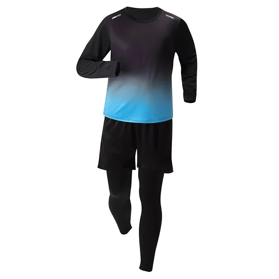5-Piece Men's Quick-drying Sports Suit Fitness Running Tight Elastic Trousers With Cap Gradient Coat Round Neck Casual T-shirt