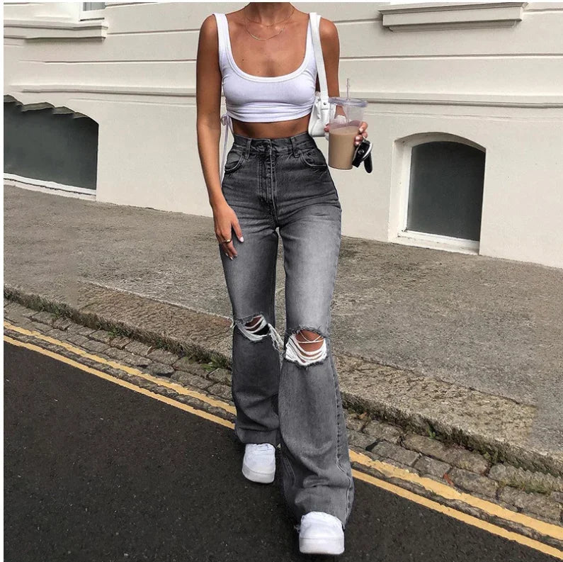 Women Vintage Ripped Flare Bell Bottom Jeans
