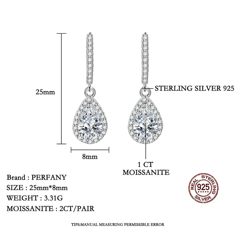 1CT Pear Cut Moissanite Earrings for Women S925 Pure Silver Laboratory Cultivated Diamonds Elegant Wedding Jewelry