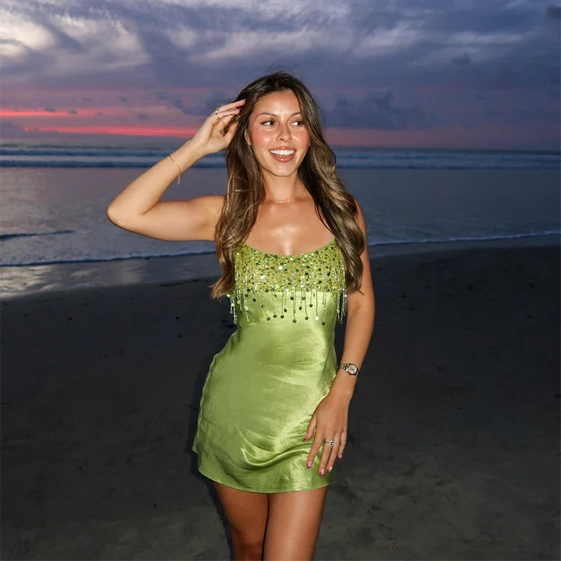 Trendy Sequin Fringe Mini Dress Sexy Spaghetti Strap Satin Slip Dresses Cocktail Party Club Vestidos 2026 New Y2k Women Clothing