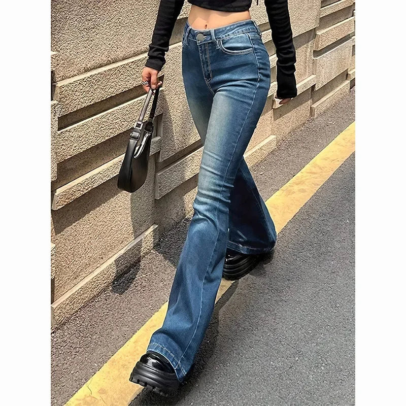 جينز نسائي بخصر عالٍ وقصة واسعة، بنطلون جينز بقصة بوت كات مطاطي