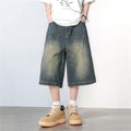 Vintage Washed Gradient Denim Mid-Rise Shorts with Streetwear Loose Wide Leg Fit for Summer Breathability