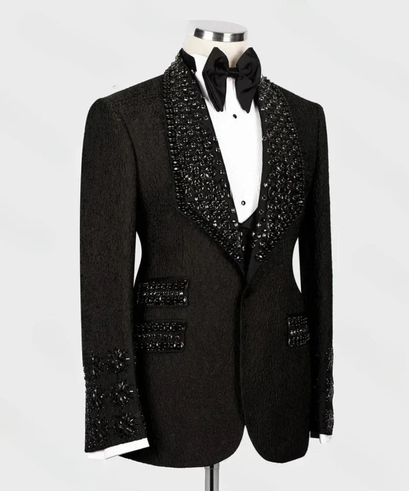 Jacquard Crystals Men Suit Set 2 Pieces Blazer+Pant Formal Office Male Jacket Prom Cotton Coat Trousers Groom Wedding Tuxedos