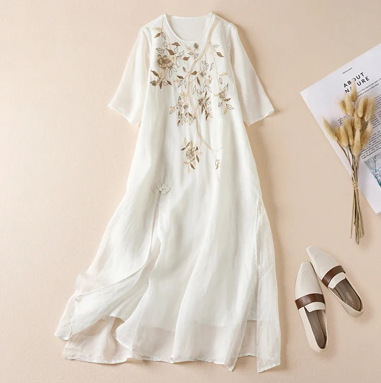 Summer New Hemp Dr Embroidered round Ne Five-Quarter Sve Fairy Beautiful Long Women's Dr New Chinese Sle