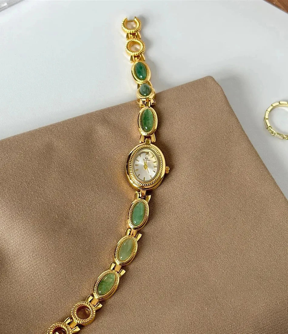 Women's Gold Watch Vintage Brown Jade Bracelet Small Dial Quartz Daily Wear Party Clock Luxury Waterproof Ladies Watches Gifts