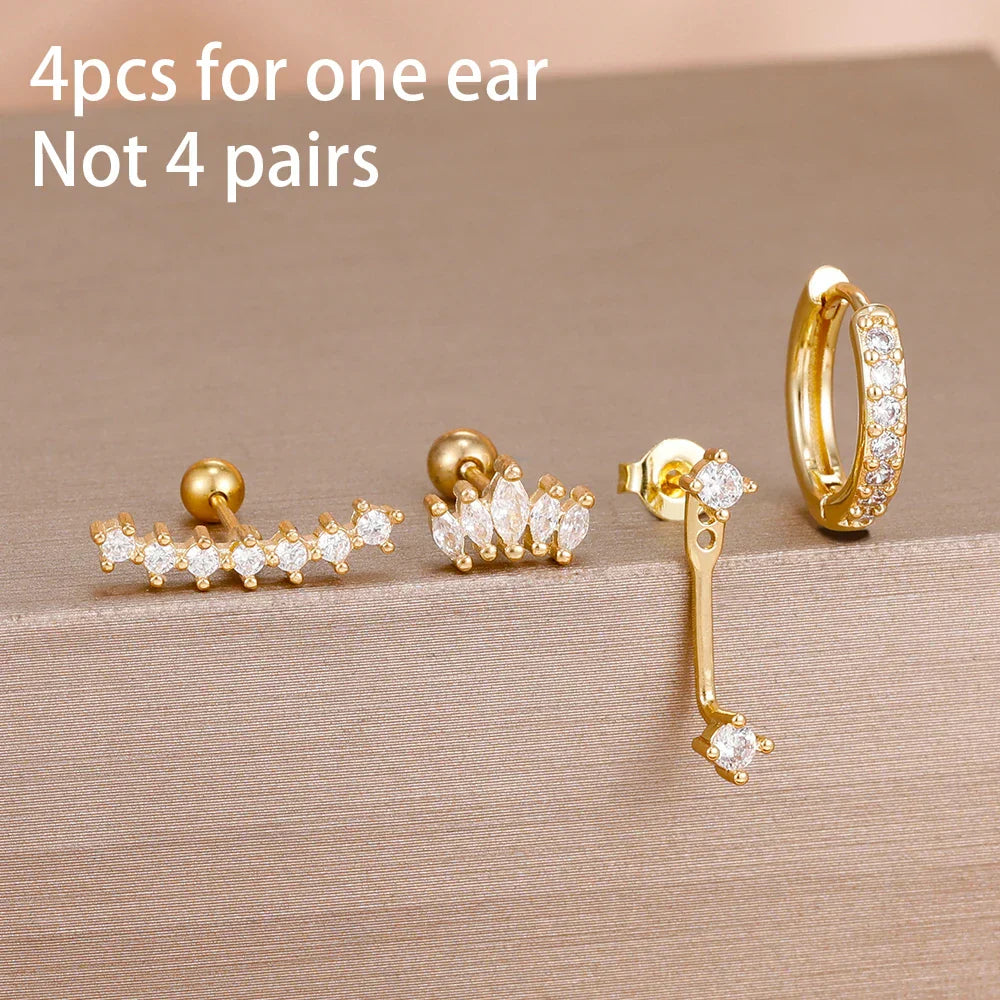 4PCS Stainless Steel Circle Huggie Hoop Earrings Set for Women Gold Color Unique Zircon Flower Stud Earring Piercing Jewelry