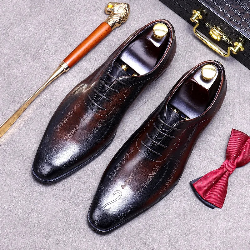 Men's Business Dress Leather Shoes Genuine Leather Shoes Full Cowhide British Laser Engraving Pattern Men's Wedding Shoes 37-46