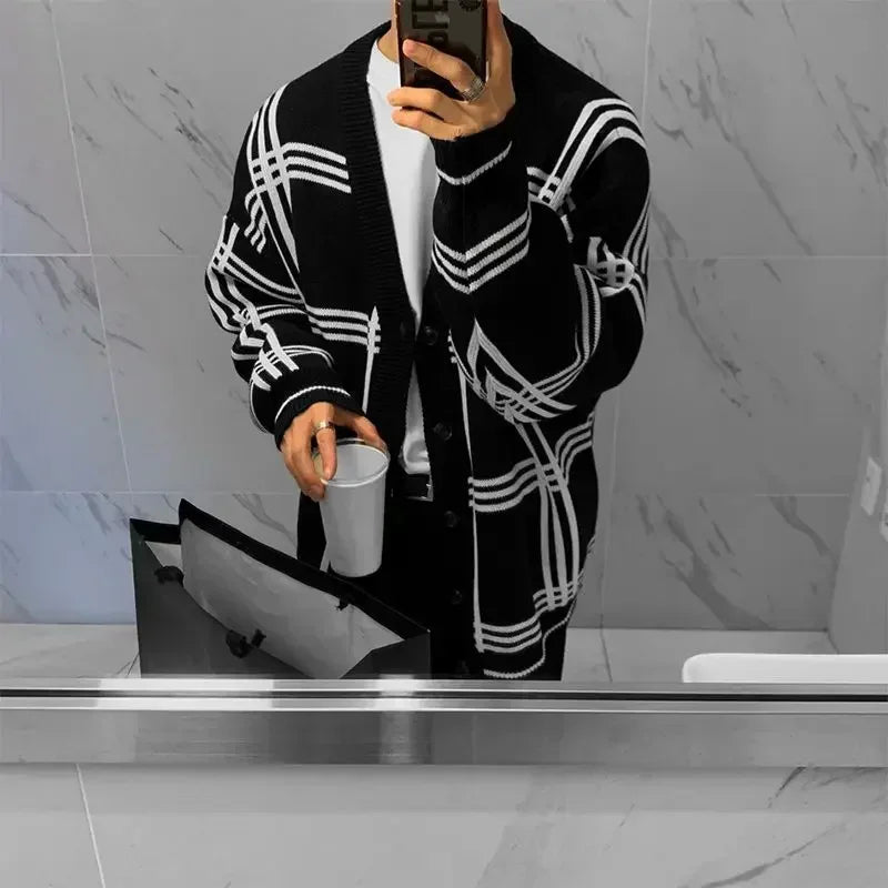 Men's Clothing Cardigan Jacket V Neck Coat Knit Sweater Male Plaid Elegant Casual Long Sleeve 100% Korean 2025 Autumn Classic A