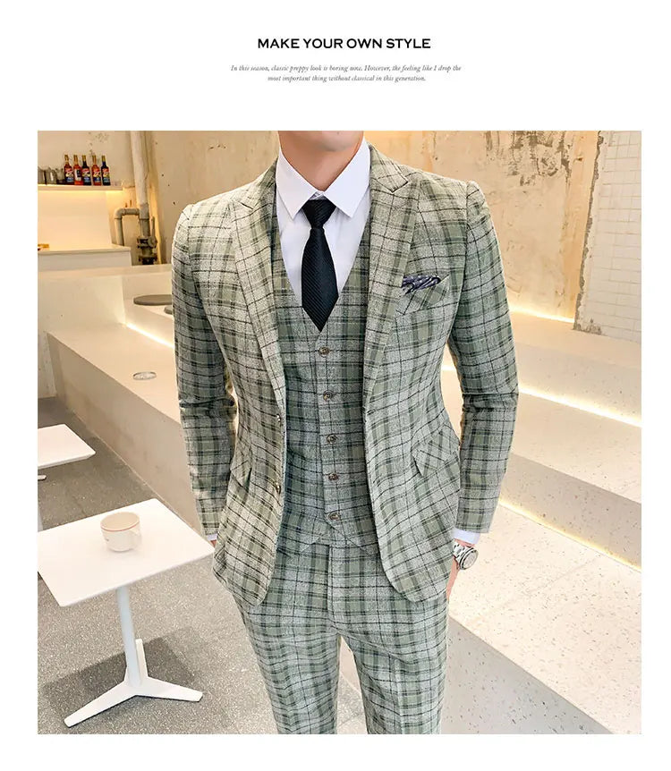 ( Jackets + Vest + Pants ) New Fashion Boutique Plaid Mens Casual Business Suit Groom Wedding Dress Suit 3pces Set Male Blazer